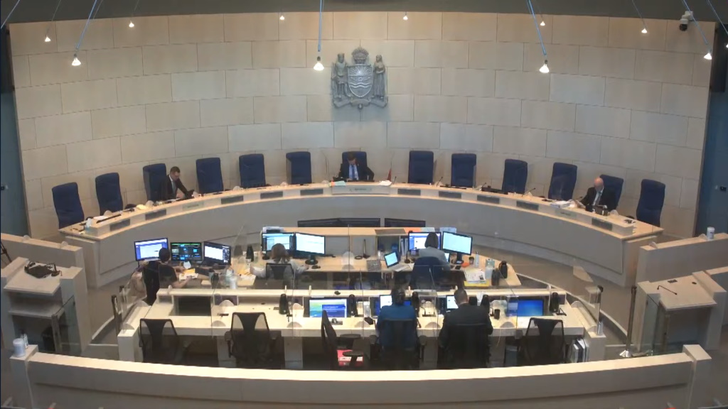 Most councillors participated in the meeting remotely as this screenshot from the live stream shows.