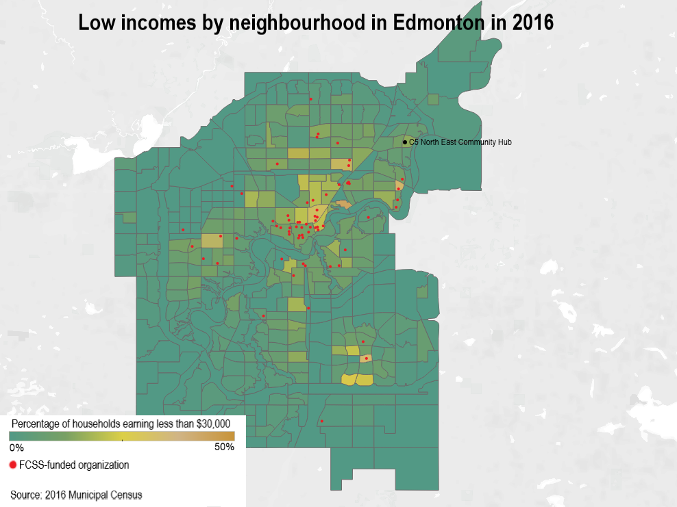 Map showing income by neighbourhood in Edmonton