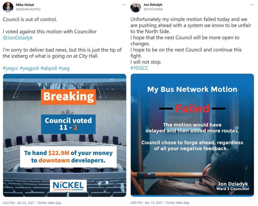 Tweets from councillors Nickel and Dziadyk