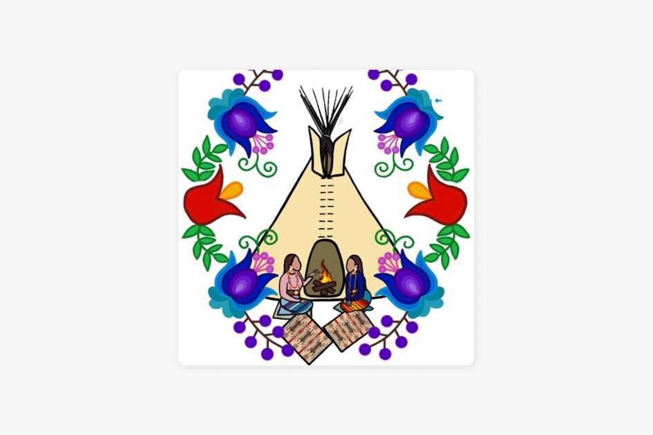 Cover art for 2 Crees in a Pod, featuring an illustration of two women talking in front of a teepee, surrounded by a wreath of flowers