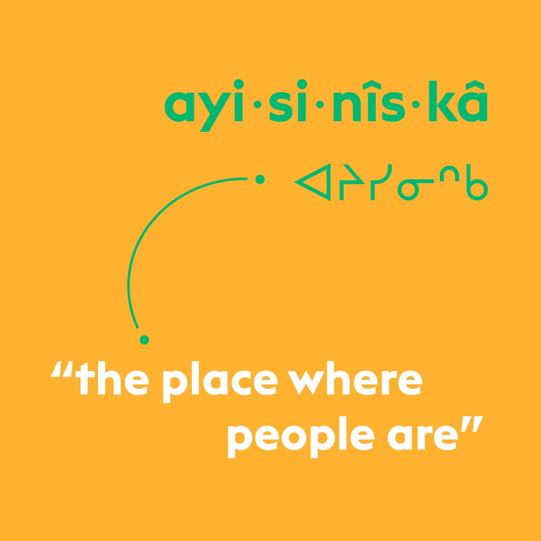A Cree word — ayisinîskâ — in green type on a yellow background, followed by the same word in Cree syllabics, and the definition in white type: The place where people live