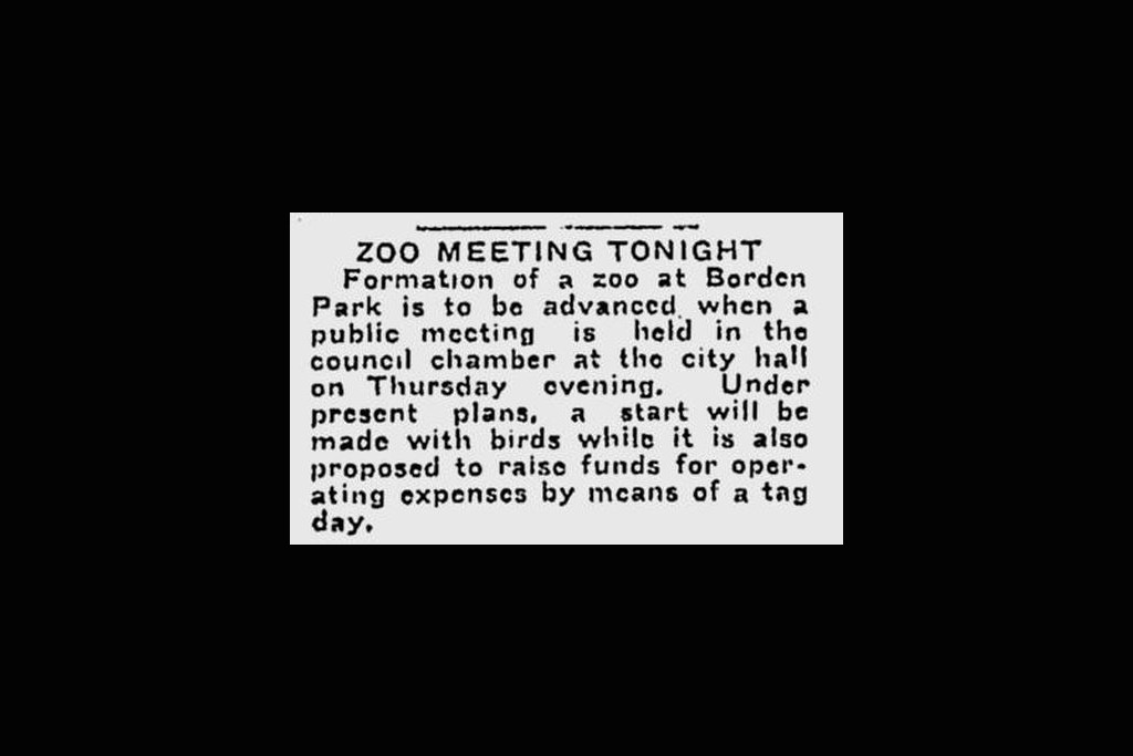 A newspaper clipping from 1926 headlined "Zoo meeting tonight" with a short story describing an upcoming meeting.