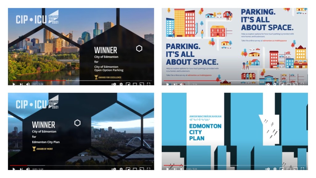 A collage of slides from the Canadian Institute of Planners awards ceremony video on July 15, 2021