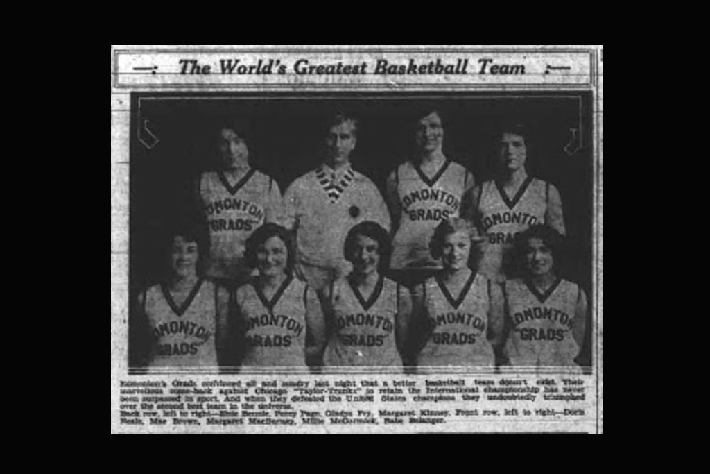 A newspaper clipping from 1930, featuring seven women and their coach, under the headline "The World's Greatest Basketball Team."