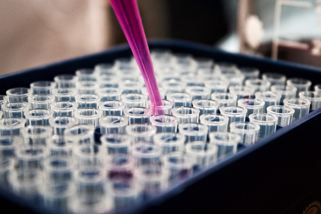 A purple pipette dips into one test tube among many in a tray