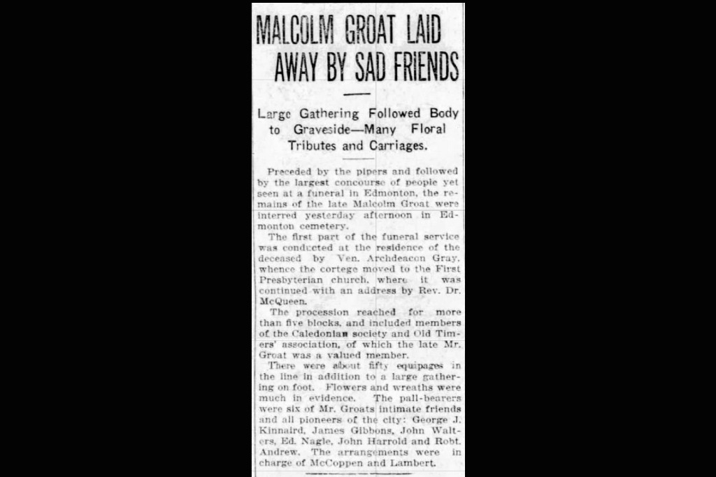 A newspaper clipping from 1912, with the headline, "Malcolm Groat laid away by sad friends"