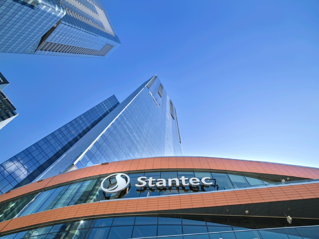 A look up at Stantec Tower on a blue-sky day